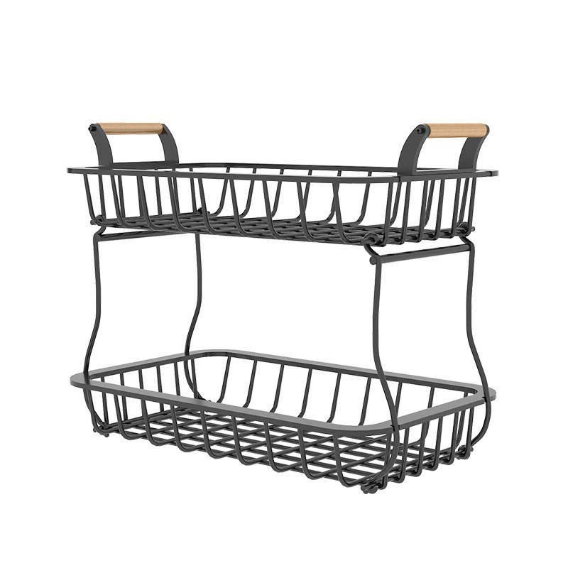 2 Tier Fruit Storage Basket Kitchen Countertop Organizer with Wooden Handle Mesh Carbon Steel Bowl for Bread Vegetable Fruit Basket Detachable Metal Rectangular Wire Basket  |   Storage & Organization Housekeeping Appliance Storage & Organization