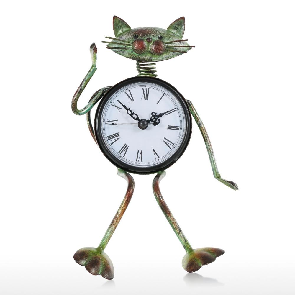 Cat Clock Handmade Vintage Metal Iron Cat Figurine Mute Table Clock Practical Clock One AA Battery  |   Metal Crafts Arts & Crafts Blackish Green