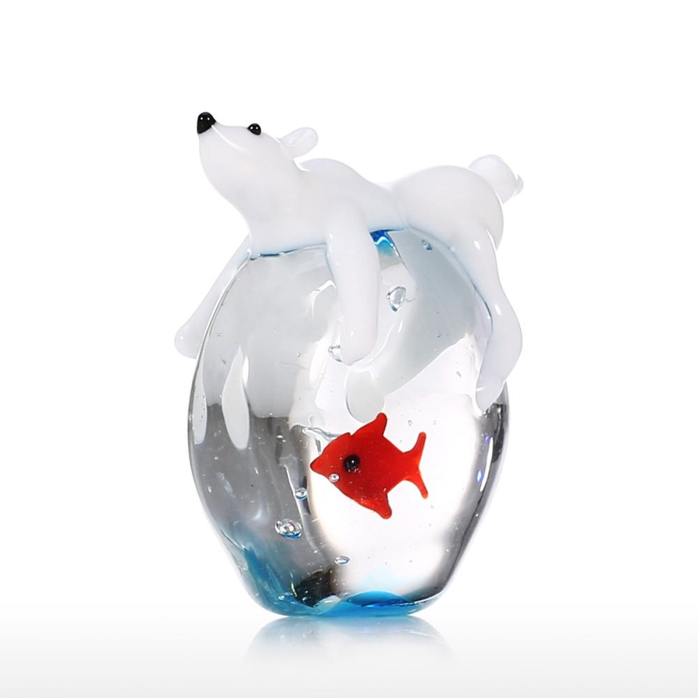 Polar Bear and Fish Handmade Animal Art Hand Blown Glass Art Wild Animal Figurine Home Decoration  |   Metal Crafts Arts & Crafts Black/ Red